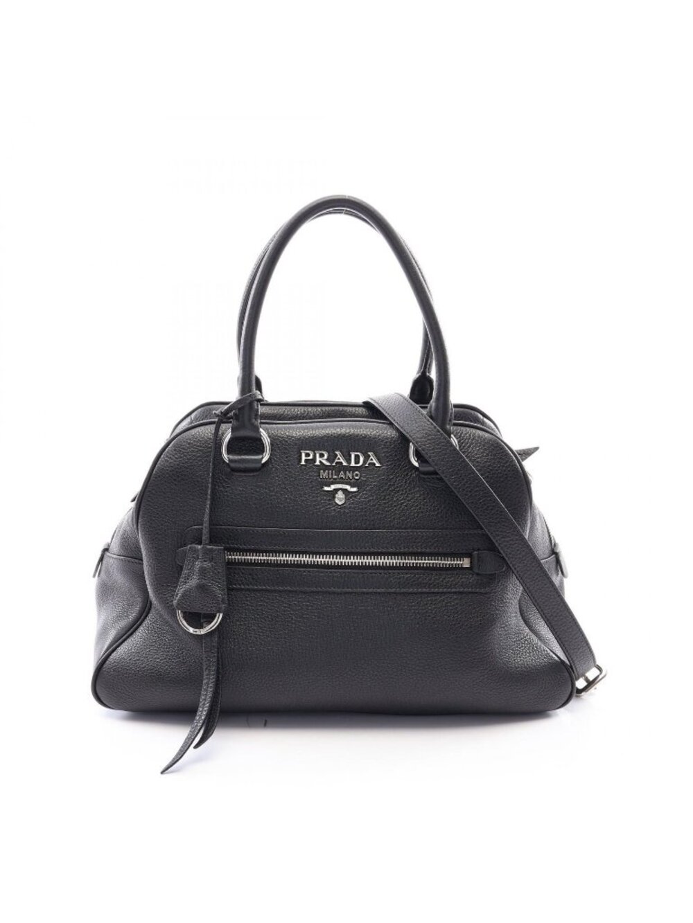 Prada Handbag Logo 2-Way Black Leather Metal